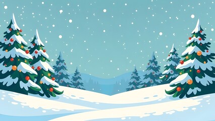 Snow-covered landscape, fir trees in the snow, falling snow, day, garlands on fir trees