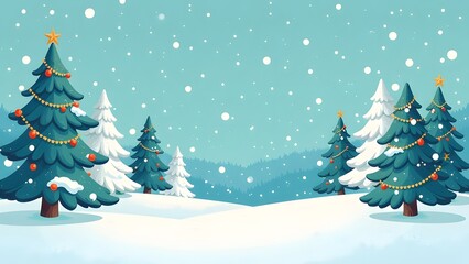 Fototapeta premium Snow-covered landscape, fir trees in the snow, falling snow, day, garlands on fir trees
