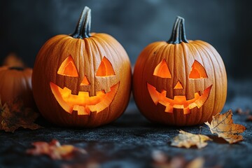 Spooky halloween pumpkins in forest. Scary halloween background with free space for text. Jack-o-lantern on a wooden table
