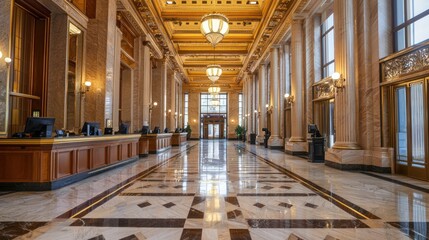 Obraz premium The inside of a high-end bank with marble floors, large chandeliers, and tellers behind elegant counters.