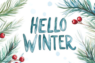 A watercolor winter painting with cursive "Hello Winter" text surrounded by pine branches and berries creates a cozy and festive design. Ideal for seasonal greeting cards and winter decor.