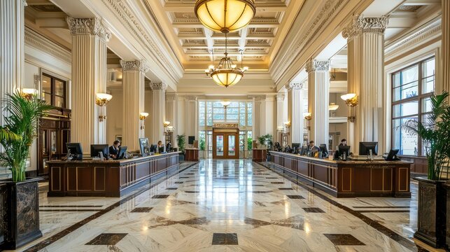 The inside of a high-end bank with marble floors, large chandeliers, and tellers behind elegant counters.