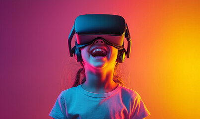 Amazed little girl standing on pink and yellow background, wearing virtual reality goggles. VR, 3D, fantasy world concept.