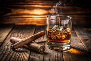 Elegant whiskey and cigar composition on wooden table