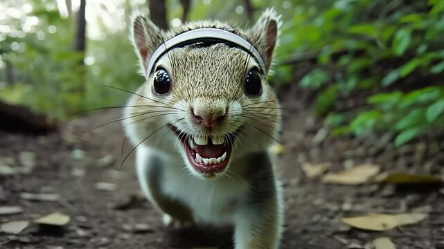Squirrel Wearing a Headband Jogs Along a Forest Path in Daylight Generative AI