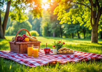 Cozy picnic setup in a lush green park with a checkered blanket, fruits, and refreshing beverages