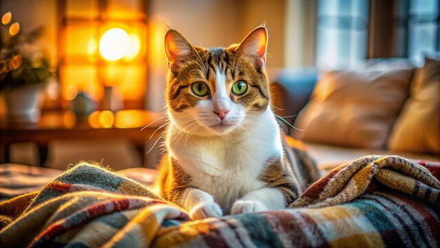 Cozy Puzzy Cat Relaxing on a Soft Blanket in a Warm and Inviting Living Room Setting