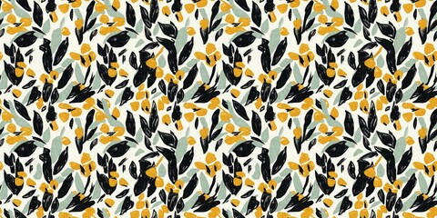 Modern printed fabric flower block print pattern with linen texture effect. Stylized boho dark floral for chic fashion background motif border design.