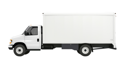 White delivery truck side view mockup isolated on transparent background, PNG, cutout	