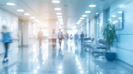 Blurred background of a hospital corridor with blurred people and medical equipment