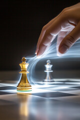 A hand moving the chess piece, in silver and gold colors, against a background of a gray gradient.