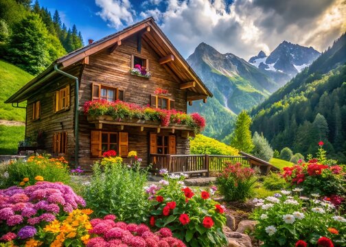 Cozy wooden zulo dwelling nestled in the mountains surrounded by lush greenery and vibrant flowers