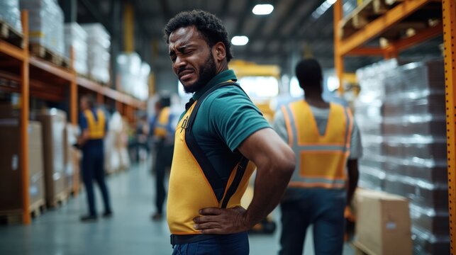 A worker suffering from a work injury, holding their back in pain after a lifting accident, while coworkers rush to offer help and first aid in a busy warehouse setting