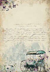 Victorian-Style Vintage Scrapbook Paper with Handwriting and Flowered Cart Design