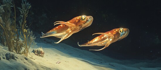 Two Bobtail Squid Swimming in the Deep Sea