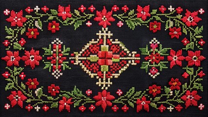 Embroidery of long shot pattern with black and red cross and flowers in frame on dark background