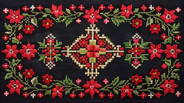 Embroidery of long shot pattern with black and red cross and flowers in frame on dark background