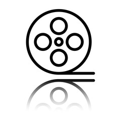 Video, film simple icon. Flat design. Black icon with mirror reflection. White background