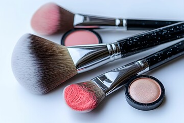 Makeup brushes and blush on a table for cosmetic application