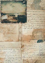 Fototapeta premium Distressed Vintage Script Collage with Handwritten Letters and Postcards, Junk Journal Background