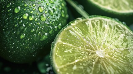 Close-up of fresh limes with droplets, showcasing their texture and juiciness.