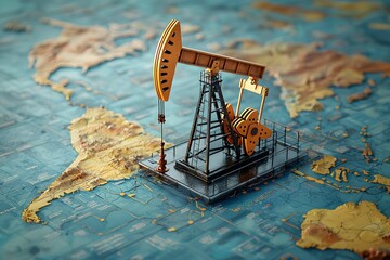 Oil pump jack on world map showing global energy scene