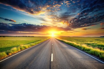 Fototapeta premium Empty asphalt road and meadow at sunset with wide angle view