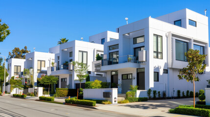 White, new townhouses with windows and doors, on a street in a Los Angeles
