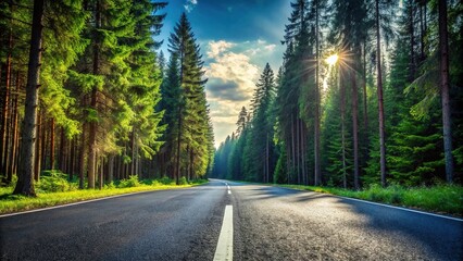 Obraz premium Empty asphalt road in a coniferous forest at a tilted angle