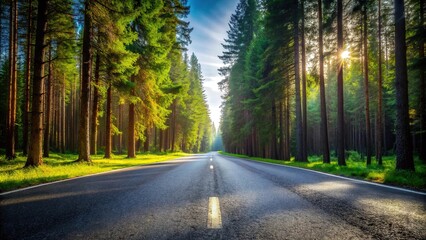 Obraz premium Empty asphalt road in the coniferous forest with tilted angle