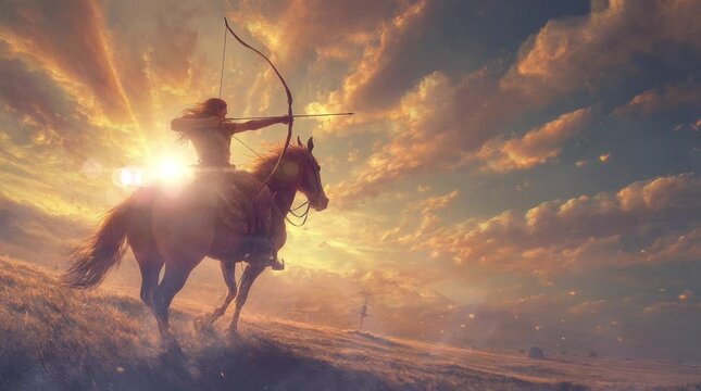 someone who is riding a horse and holding a bow. Virtual 4K video animation background with looping time lapse with very smooth graphics.