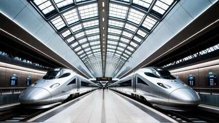 Naklejka premium Futuristic railway station with a high-speed train: A powerful train in a sleek terminal with glass panels and a curved roof, where passengers wait. Perfect for advanced transportation themes.