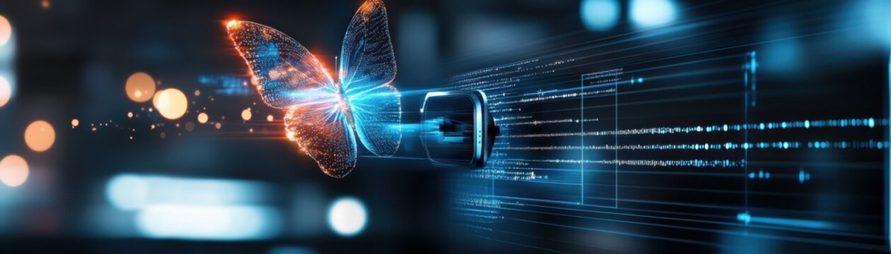 A glowing butterfly flies out of a digital device.