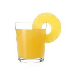 Glass with pineapple juice and piece of fresh fruit isolated on white