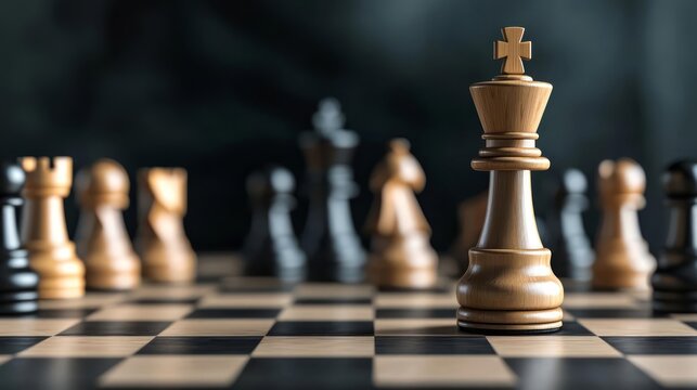 Chess pieces on a board, strategic game.