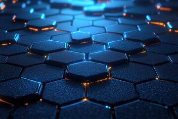 Obraz premium stunning abstract 3D rendering of hexagonal patterns illuminated with blue and orange lights, creating futuristic and dynamic visual effect. intricate design evokes sense of depth and technology