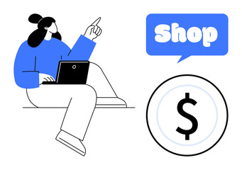 Woman using a laptop sits with a speech bubble saying Shop. A dollar sign is next to her. Ideal for online shopping e-commerce digital marketing financial transactions and online business. Simple