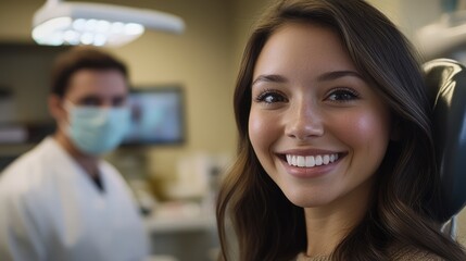 Fototapeta premium A young woman smiles brightly after a dental appointment, with h