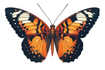 Fototapeta premium A vibrant butterfly showcasing striking orange and black patterns with delicate wings poised for a graceful flight, white background.