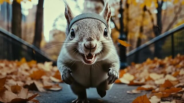 Squirrel Jogging on a Trail Amidst Autumn Leaves in a City Park Generative AI