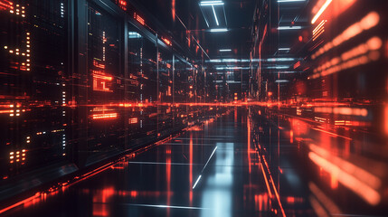 Modern data center with rows of glowing server racks and a digital interface on glass