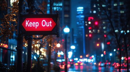 A bustling nighttime city street with a prominent Keep Out sign illuminated in red, surrounded by blurred lights and urban architectural structures