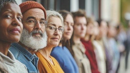 A Diverse Group of Voters Waits Patiently in Line, Representing Civic Engagement and the Importance of Participation in Democratic Processes