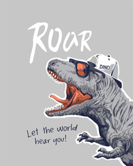 roar slogan with cartoon dinosaur in sunglasses vector illustration for boy fashion print © tsuponk