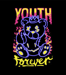 youth forever calligraphy slogan with bear doll graffiti vector illustration on black background