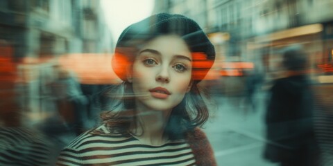 Obraz premium Festive gathering of joyful individuals in berets and striped shirts, vibrant atmosphere, softly blurred city skyline in the background