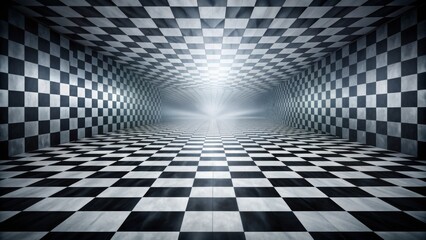 Black and White Checkered Floor with Hypnotic Perspective and Misty Background