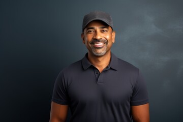 Obraz premium Portrait of a happy indian man in his 40s wearing a breathable golf polo in modern minimalist interior