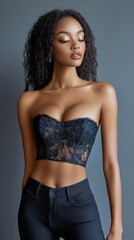 Trendy bustier top with a lace or satin finish, ideal for adding a touch of glamour to your outfit.