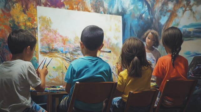 a multicultural group of children learning to paint in an art class